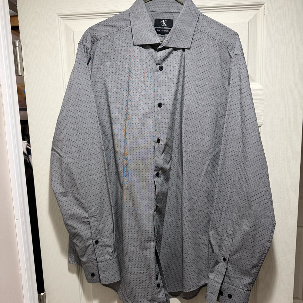 Calvin Klein CK Slim Fit Stretch Shirt Gray/Black Polka Dots Men’s Size: L